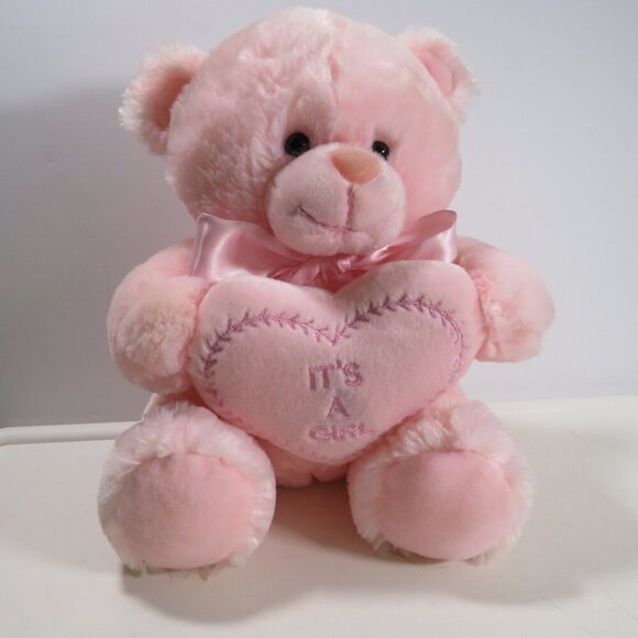 Baby Pink Teddy Bear "It's a girl" EMBROIDERED on heart EXTRETMELY SOFT 11" tall - Picture 1 of 10